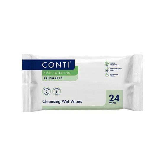 Conti Post Toileting Flushable Cleansing Wet Wipes - 22cm x 17cm - Case - 27 Packs of 24 