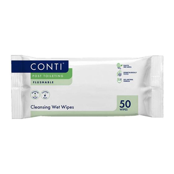 Conti Post Toileting Flushable Cleansing Wet Wipes - 22cm x 17cm - Pack of 50 