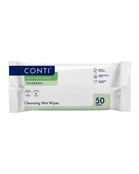 Conti Post Toileting Flushable Cleansing Wet Wipes - 22cm x 17cm - Case - 12 Packs of 50 