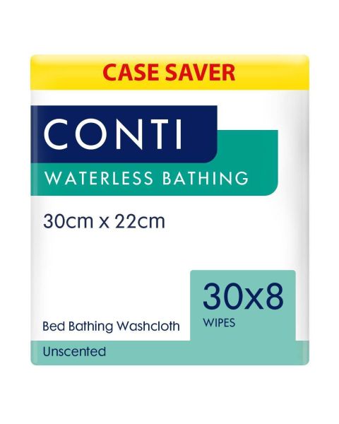 Conti Waterless Bathing Bed Bath Wipes - Unscented - 33cm x 22cm - 30 Packs of 8 