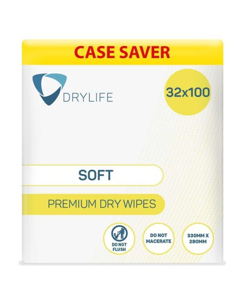 Drylife Premium Large Dry Wipes - Soft - 33cm x 28cm - Case - 32 Packs of 100 